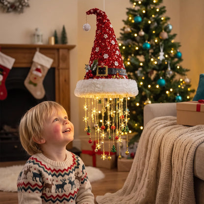 LED Santa Hat with string lights, featuring a festive red and white fabric design, perfect for Christmas celebrations and holiday festivities. 3