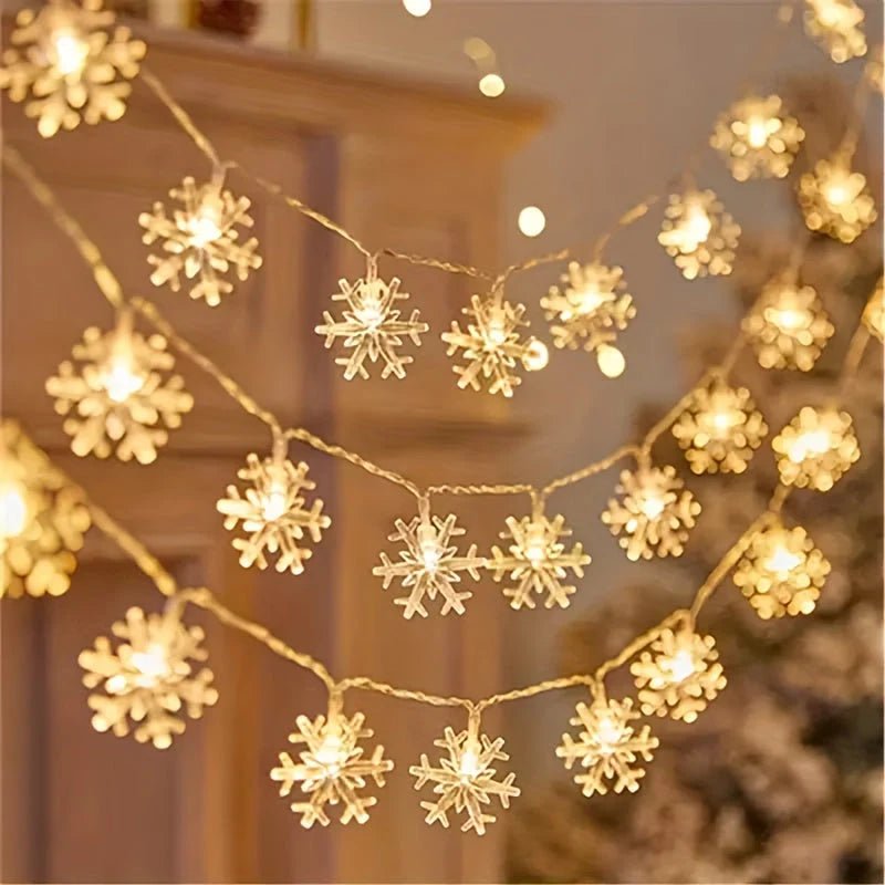LED Snowflake String Lights featuring three vibrant color options and available in multiple lengths, perfect for festive decorations and winter-themed displays. 2