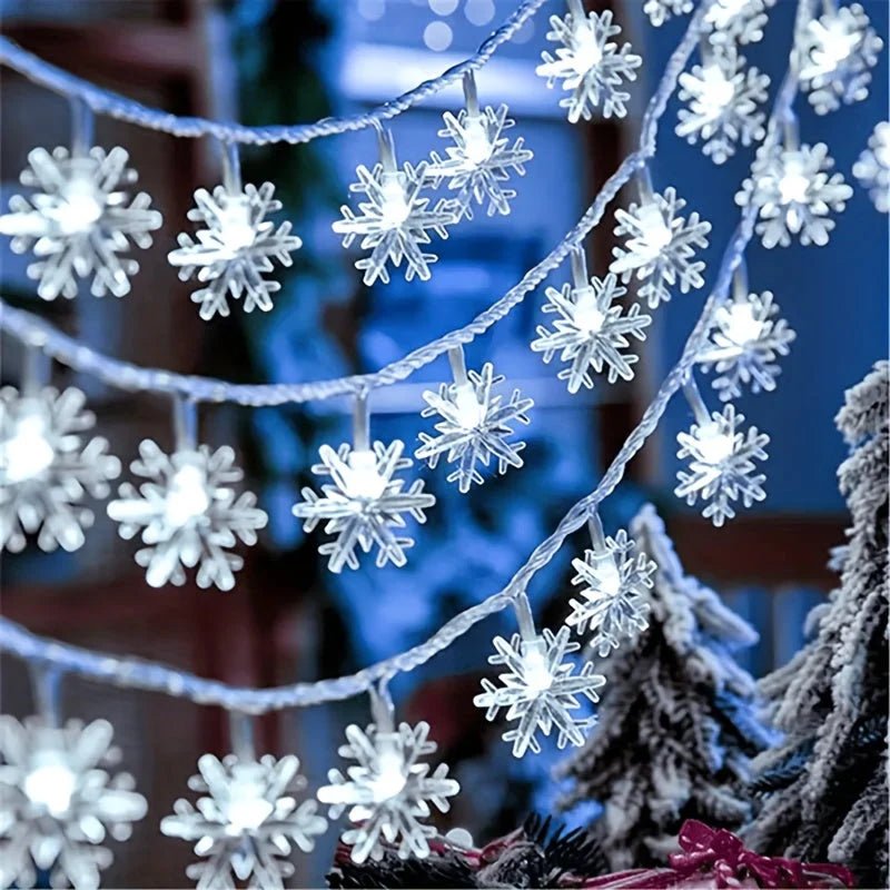 LED Snowflake String Lights featuring three vibrant color options and available in multiple lengths, perfect for festive decorations and winter-themed displays. 0