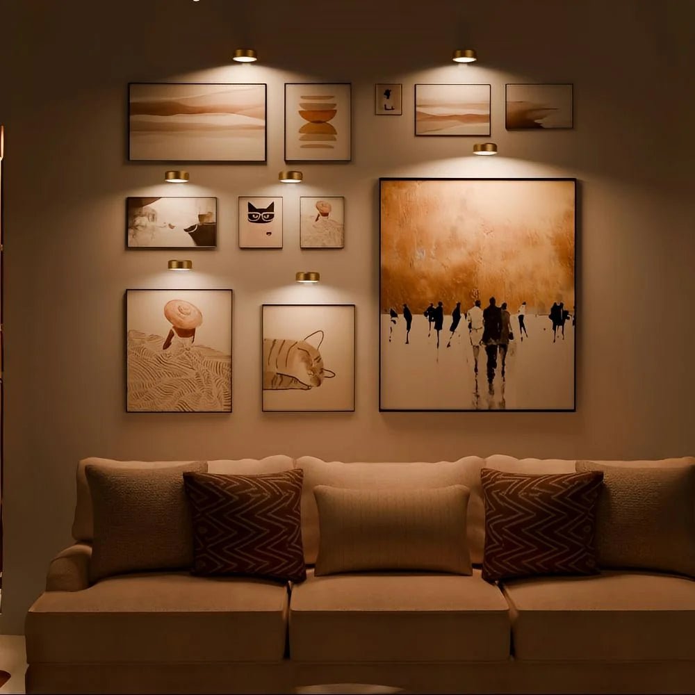 LED spotlight set featuring wireless rechargeable control, adjustable color temperatures, and customizable brightness settings for versatile lighting solutions. 1