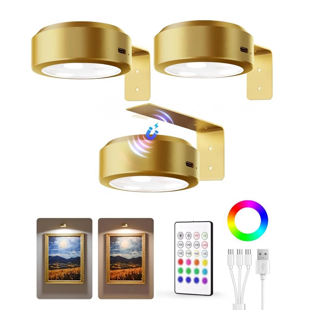 LED spotlight set featuring wireless rechargeable control, adjustable color temperatures, and customizable brightness settings for versatile lighting solutions. 0
