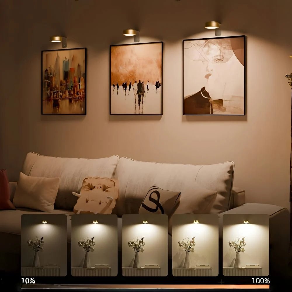 LED spotlight set featuring wireless rechargeable control, adjustable color temperatures, and customizable brightness settings for versatile lighting solutions. 4
