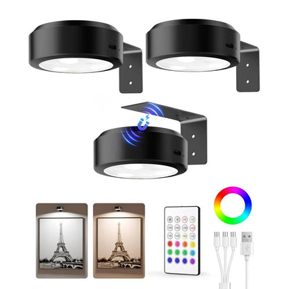 LED spotlight set featuring wireless rechargeable control, adjustable color temperatures, and customizable brightness settings for versatile lighting solutions. 6