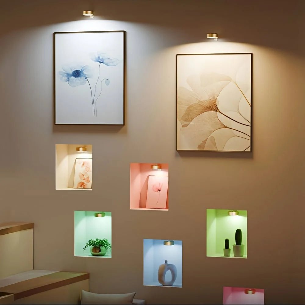 LED spotlight set featuring wireless rechargeable control, adjustable color temperatures, and customizable brightness settings for versatile lighting solutions. 2
