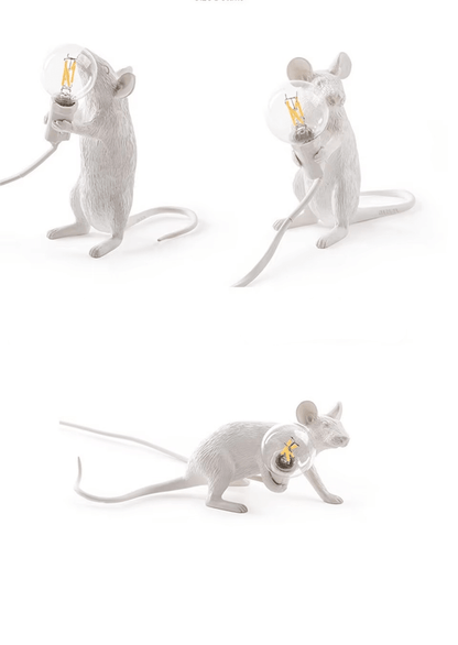 LED table lamp featuring a unique mouse design, crafted from durable white resin, providing warm lighting perfect for modern bedside or desk use. 7