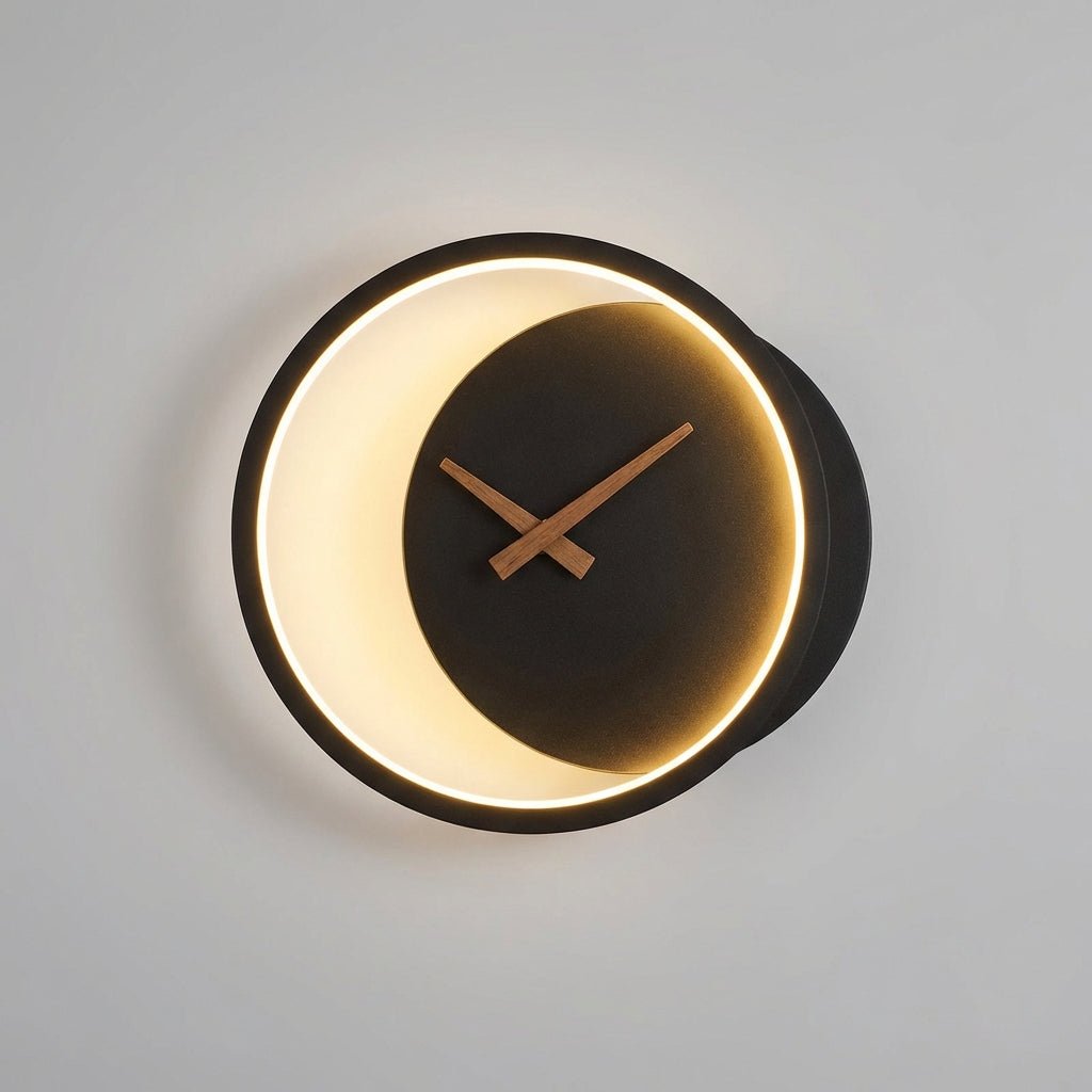 Modern minimalist LED wall clock featuring integrated warm white lighting, measuring 27x25cm, perfect for stylish home decor. 2