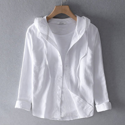 Lightweight hooded blouse made from a breathable cotton linen blend, featuring a casual spring style available in beige, blue, grey, or white. 3