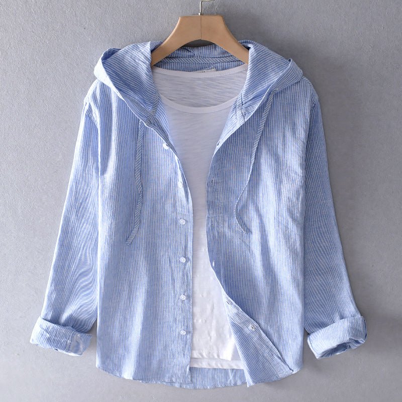 Lightweight hooded blouse made from a breathable cotton linen blend, featuring a casual spring style available in beige, blue, grey, or white. 0