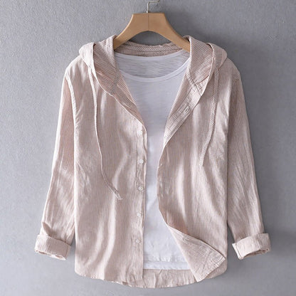 Lightweight hooded blouse made from a breathable cotton linen blend, featuring a casual spring style available in beige, blue, grey, or white. 1