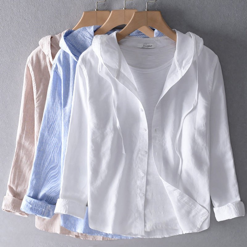 Lightweight hooded blouse made from a breathable cotton linen blend, featuring a casual spring style available in beige, blue, grey, or white. 2