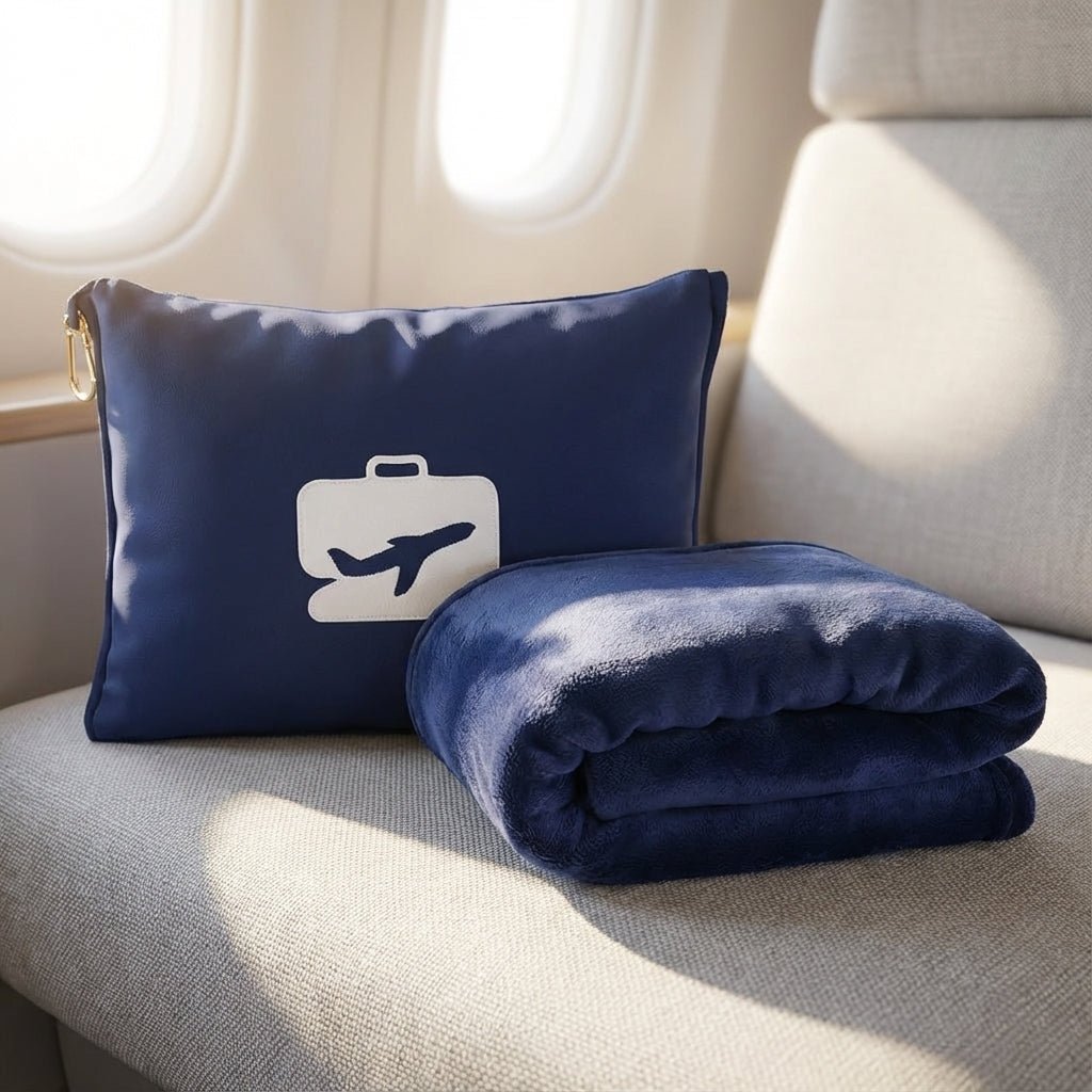 Lightweight travel set featuring a soft pillow and blanket, designed for comfort on the go with a compact and portable design. 1