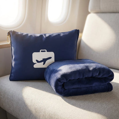 Lightweight travel set featuring a soft pillow and blanket, designed for comfort on the go with a compact and portable design. 1