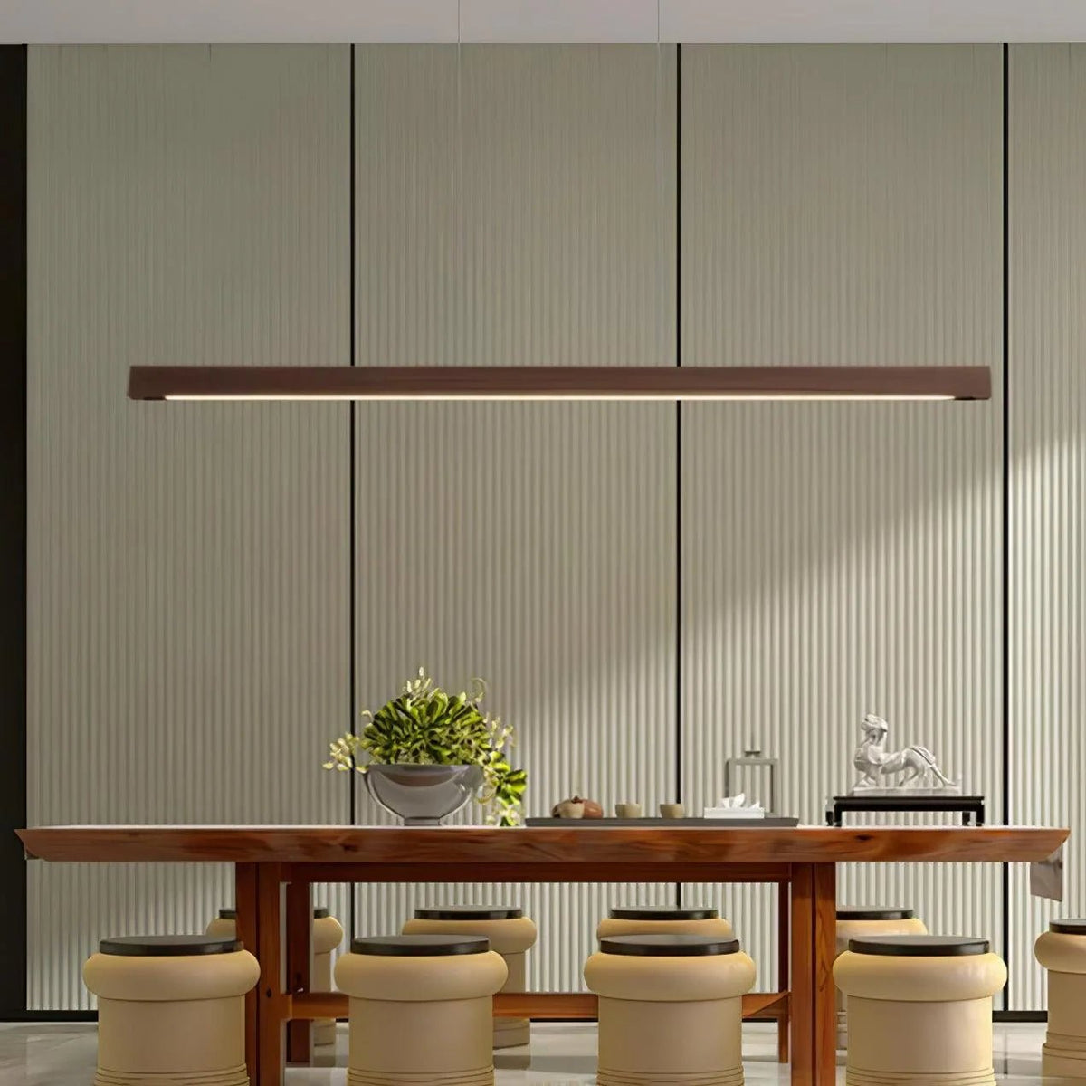 Linear pendant light featuring a dimmable LED design, adjustable wood and acrylic elements, perfect for illuminating kitchen islands. 7