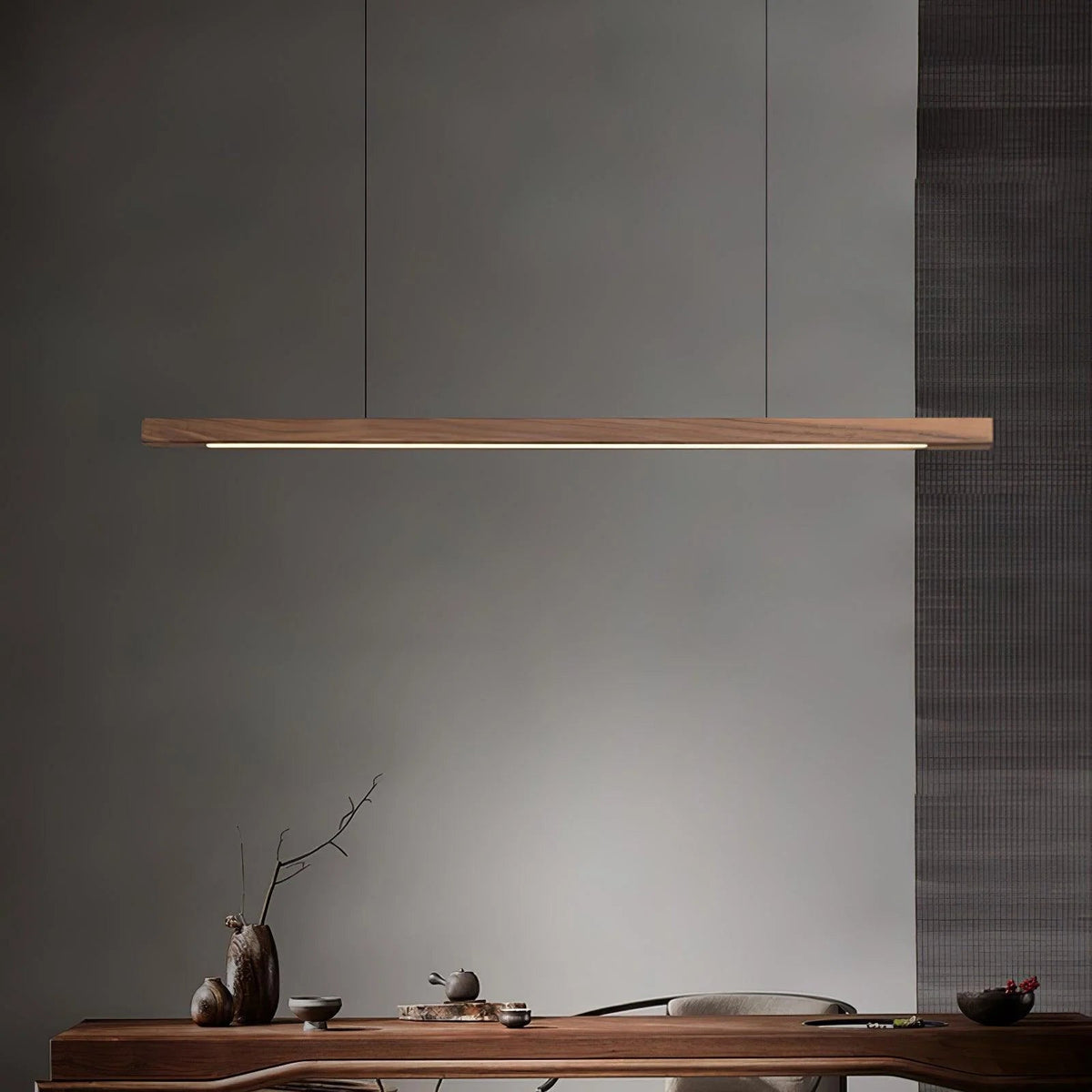 Linear pendant light featuring a dimmable LED design, adjustable wood and acrylic elements, perfect for illuminating kitchen islands. 3