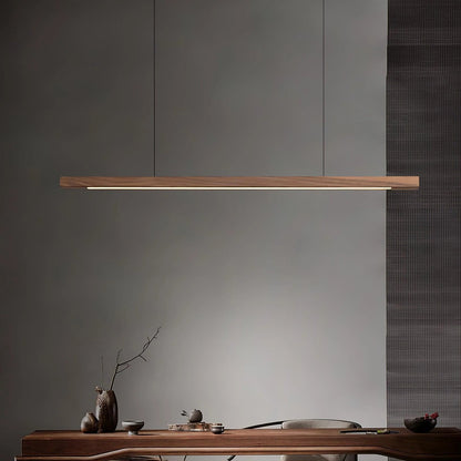 Linear pendant light featuring a dimmable LED design, adjustable wood and acrylic elements, perfect for illuminating kitchen islands. 3