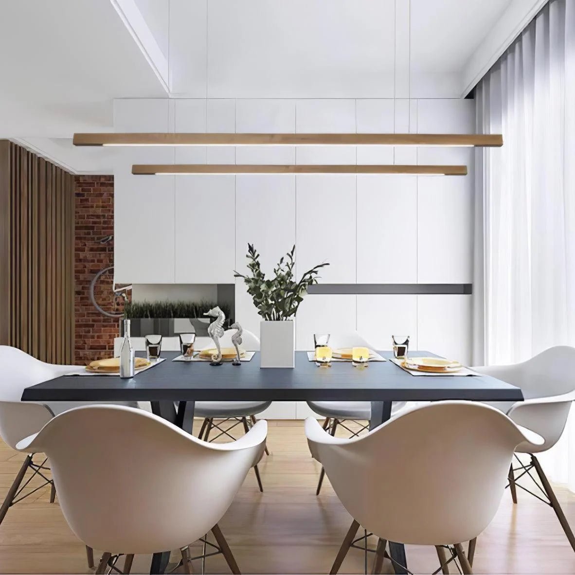 Linear pendant light featuring a dimmable LED design, adjustable wood and acrylic elements, perfect for illuminating kitchen islands. 6