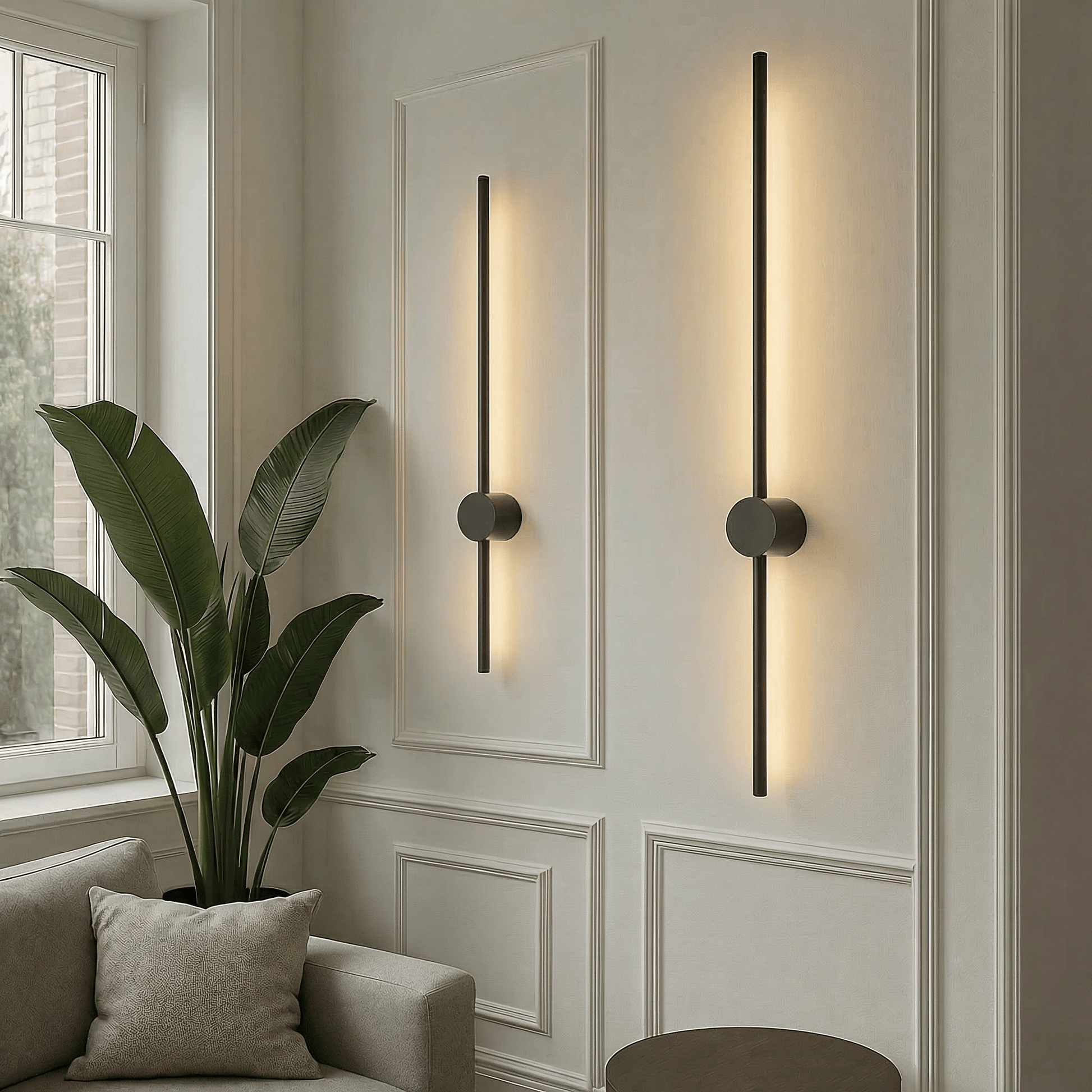 Modern linear wall lamp featuring a sleek iron and acrylic design, adjustable length from 60cm to 120cm, and energy-efficient LED lighting, perfect 0