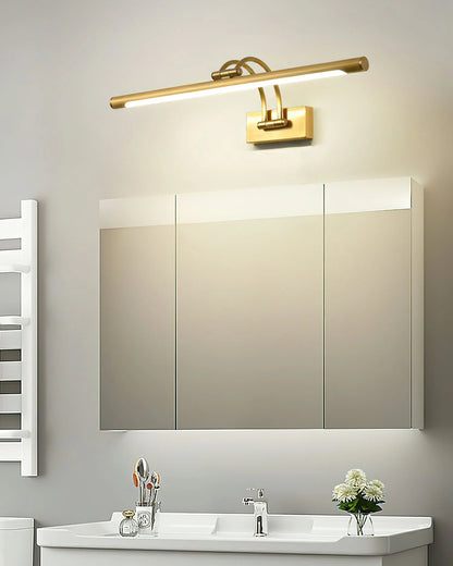 Linear wall light featuring a sleek design with a dimmable integrated LED, available in a modern brass or dark bronze finish, perfect for enhancing bathroom ambiance 7