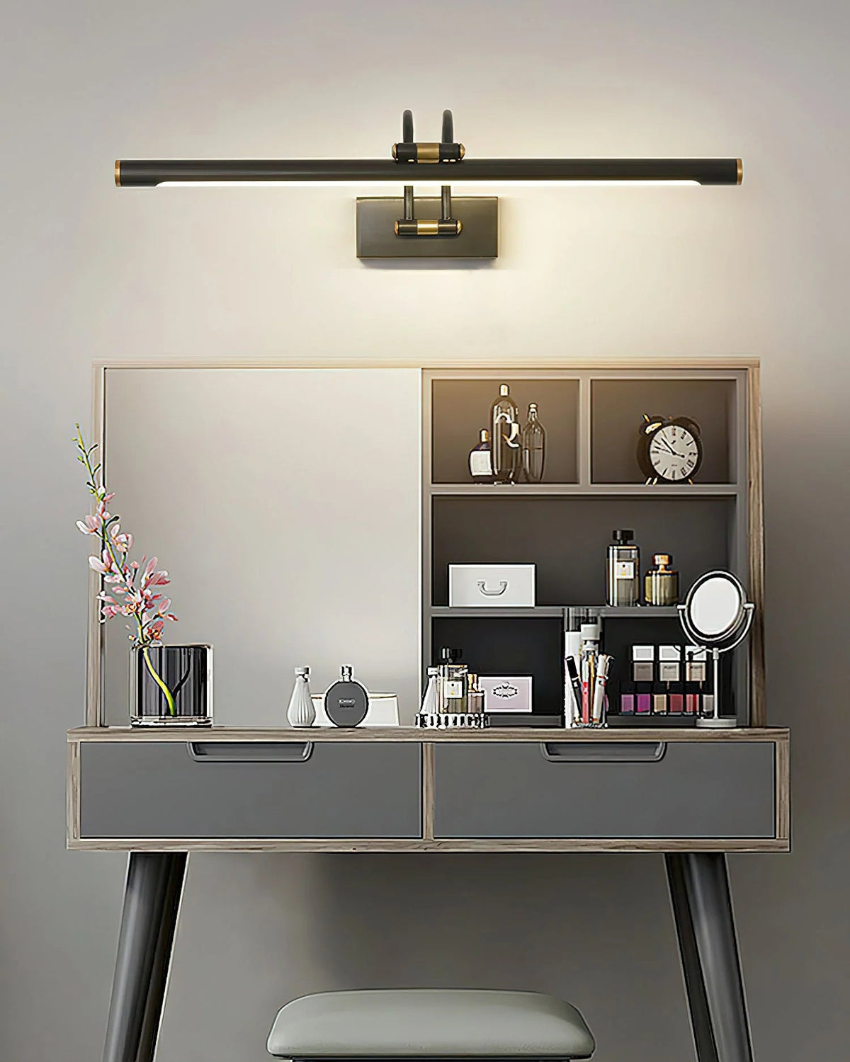 Linear wall light featuring a sleek design with a dimmable integrated LED, available in a modern brass or dark bronze finish, perfect for enhancing bathroom ambiance 8