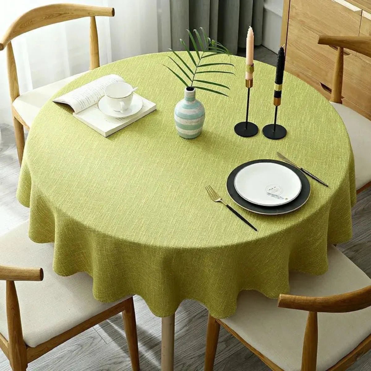 Linen tablecloth featuring a durable cotton blend, designed for easy maintenance, with a vibrant multi-color pattern, perfect for dining and special occasions. 8