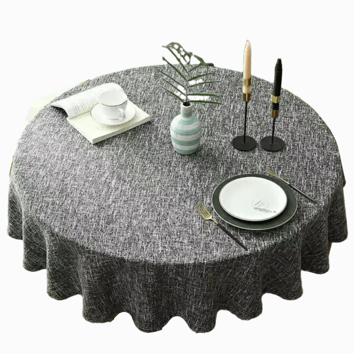 Linen tablecloth featuring a durable cotton blend, designed for easy maintenance, with a vibrant multi-color pattern, perfect for dining and special occasions. 1