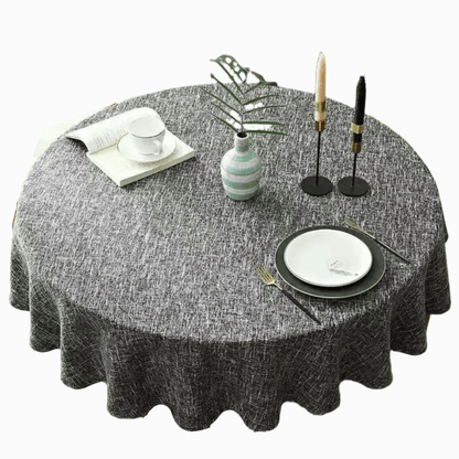 Linen tablecloth featuring a durable cotton blend, designed for easy maintenance, with a vibrant multi-color pattern, perfect for dining and special occasions. 1