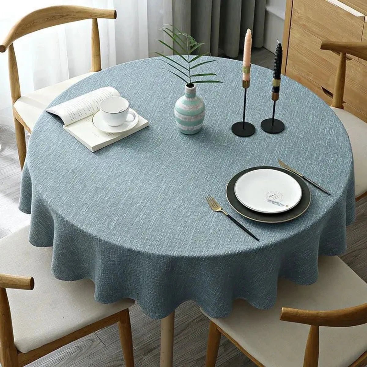 Linen tablecloth featuring a durable cotton blend, designed for easy maintenance, with a vibrant multi-color pattern, perfect for dining and special occasions. 6