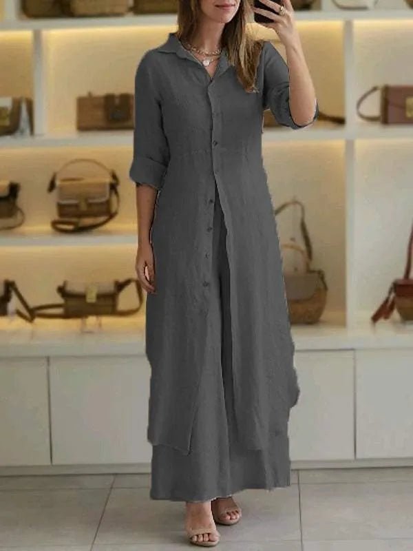 Linen two piece set featuring a relaxed fit, perfect breathable casual outfit for women, ideal for warm weather and stylish comfort. 1