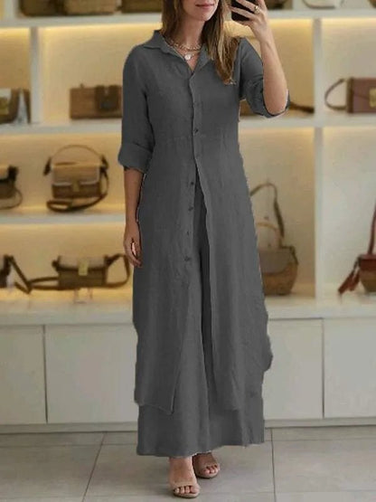 Linen two piece set featuring a relaxed fit, perfect breathable casual outfit for women, ideal for warm weather and stylish comfort. 1