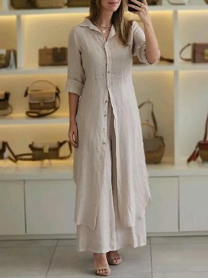Linen two piece set featuring a relaxed fit, perfect breathable casual outfit for women, ideal for warm weather and stylish comfort. 0