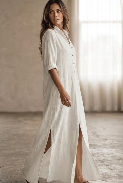 Long button-down shirt dress with adjustable collar in black and white, featuring a loose fit maxi design perfect for casual or semi-formal occasions. 4