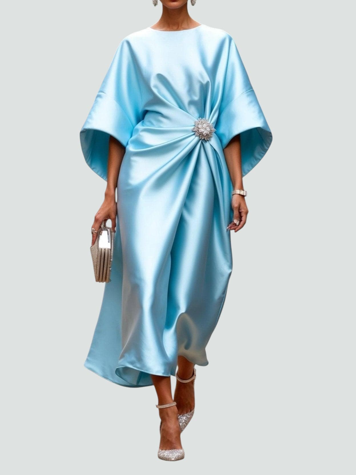 Long sleeve maxi dress featuring a luxurious shine, elegant floor-length design perfect for formal events and special occasions for women. 2