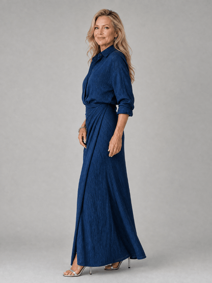 Long sleeve maxi dress featuring a wrap front design and gathered waist, perfect for elegant occasions and lightweight for comfort. 2