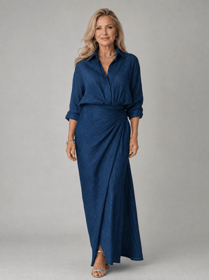 Long sleeve maxi dress featuring a wrap front design and gathered waist, perfect for elegant occasions and lightweight for comfort. 0
