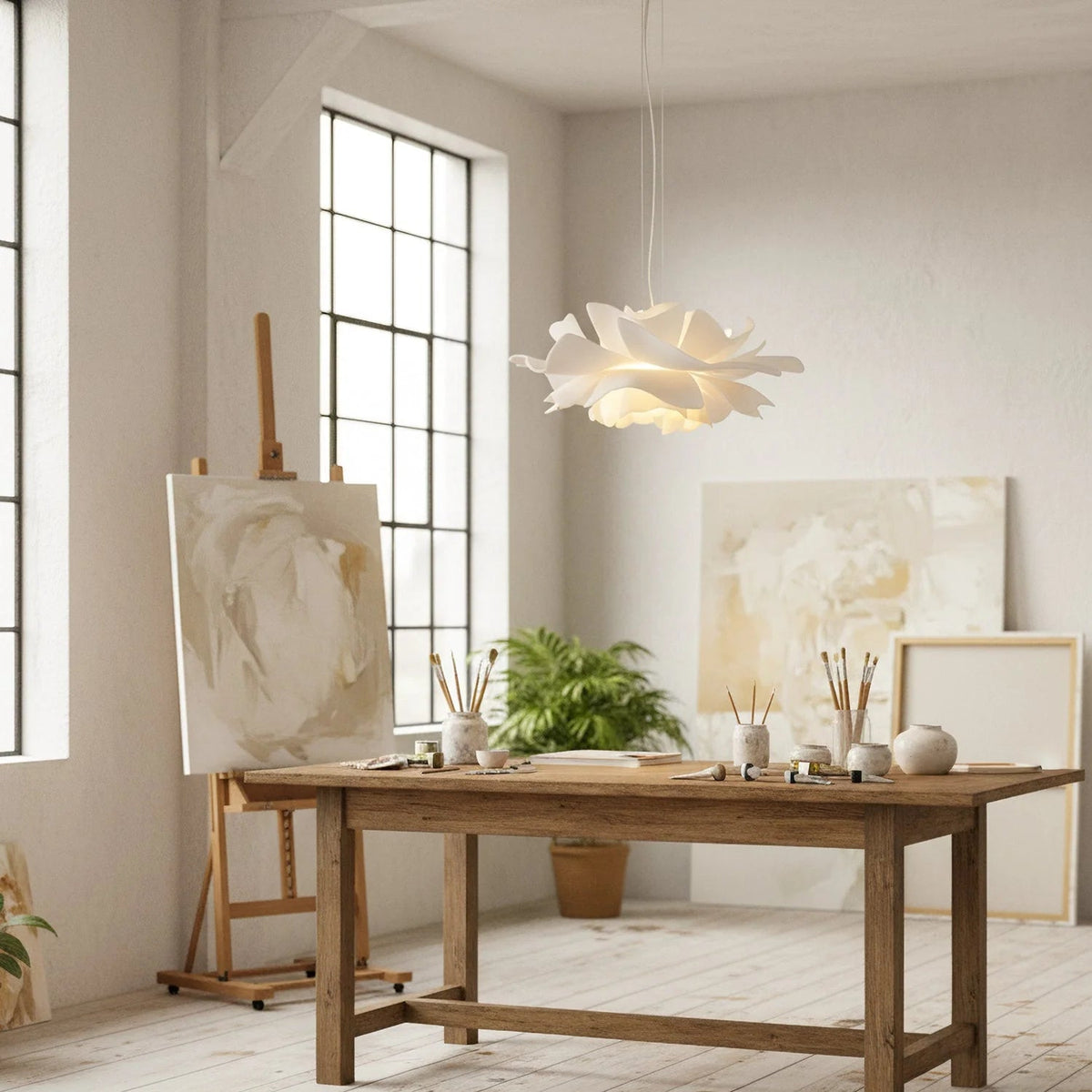 Lotus Pendant Light with adjustable cord, featuring a modern white acrylic design, perfect for illuminating kitchen and dining spaces. 5