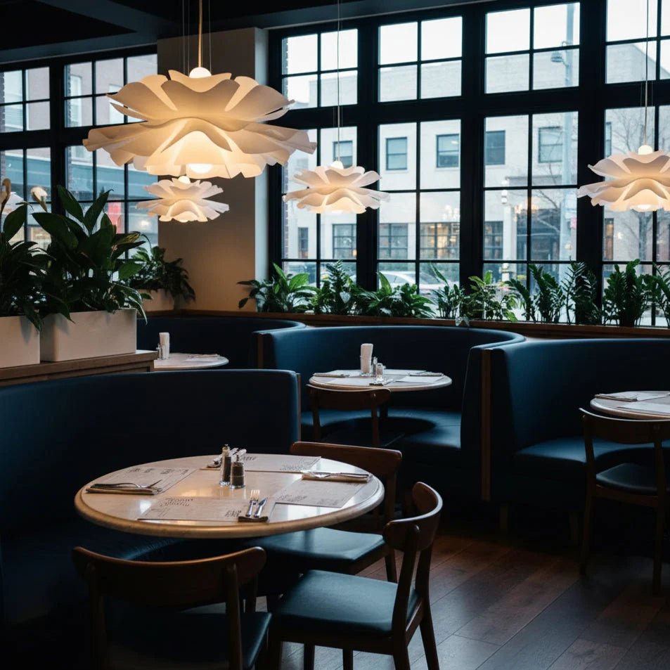 Lotus Pendant Light with adjustable cord, featuring a modern white acrylic design, perfect for illuminating kitchen and dining spaces. 7