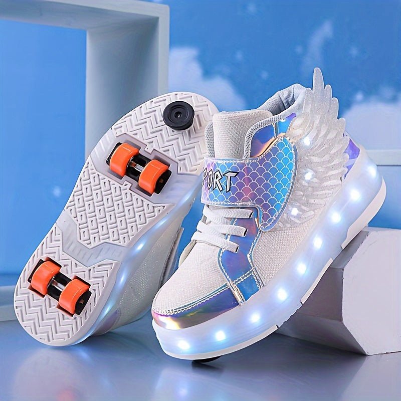 Luminous roller skate shoes featuring vibrant wheels and USB rechargeable lights, designed for children and teens, perfect for fun and stylish skating experiences. 3