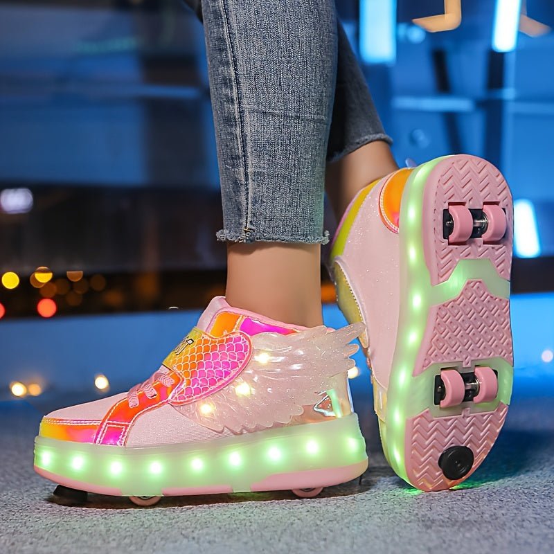 Luminous roller skate shoes featuring vibrant wheels and USB rechargeable lights, designed for children and teens, perfect for fun and stylish skating experiences. 4