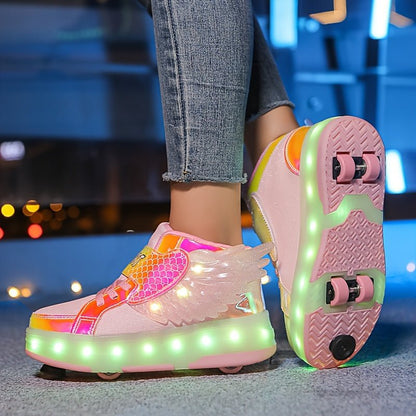 Luminous roller skate shoes featuring vibrant wheels and USB rechargeable lights, designed for children and teens, perfect for fun and stylish skating experiences. 4