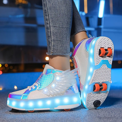 Luminous roller skate shoes featuring vibrant wheels and USB rechargeable lights, designed for children and teens, perfect for fun and stylish skating experiences. 1