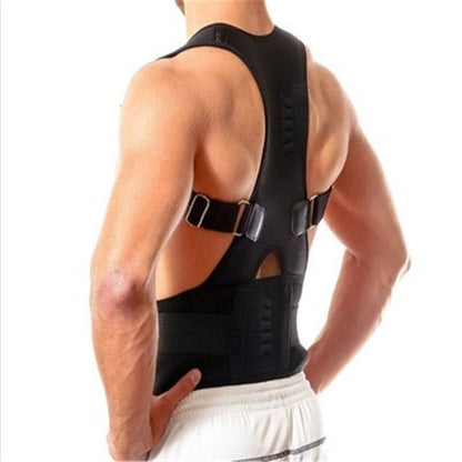 Magnetic posture corrector with adjustable straps for back support, featuring a breathable polyester design for comfort and effective posture alignment. 0