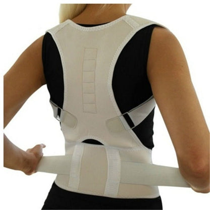 Magnetic posture corrector with adjustable straps for back support, featuring a breathable polyester design for comfort and effective posture alignment. 1