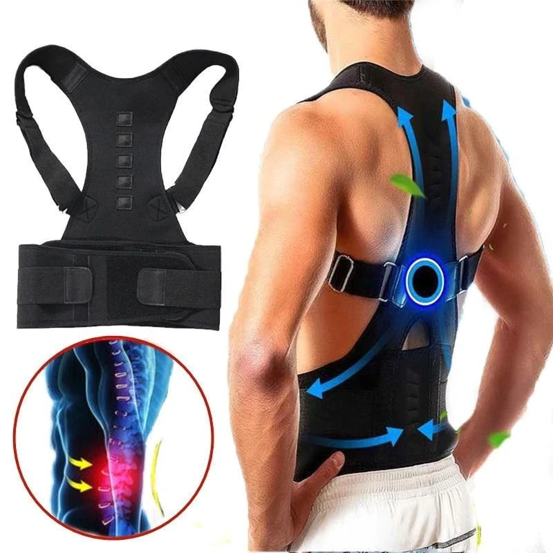 Magnetic posture corrector with adjustable straps for back support, featuring a breathable polyester design for comfort and effective posture alignment. 2