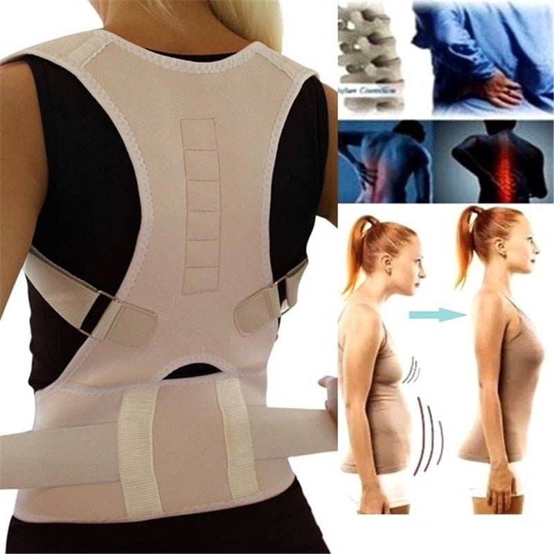 Magnetic posture corrector with adjustable straps for back support, featuring a breathable polyester design for comfort and effective posture alignment. 3