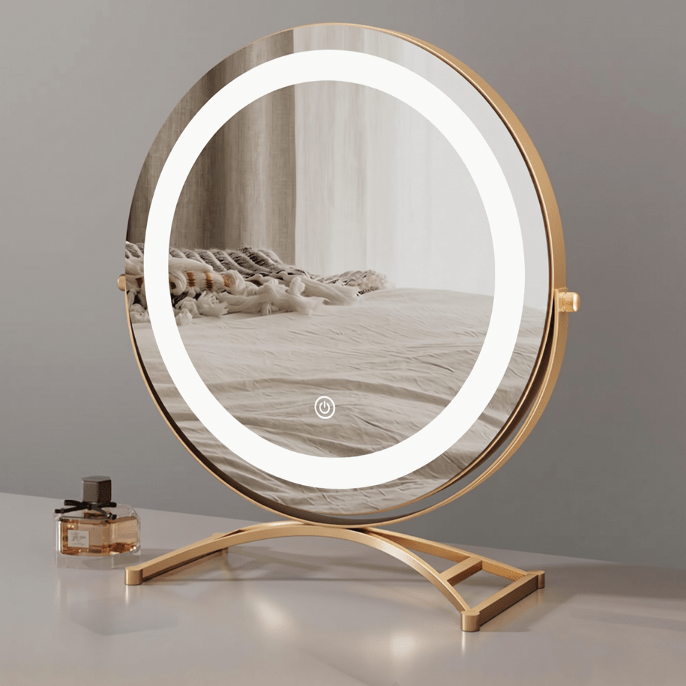 Makeup mirror with adjustable lights and 360° rotation featuring smart touch controls and tri-tone light settings for perfect makeup application. 0