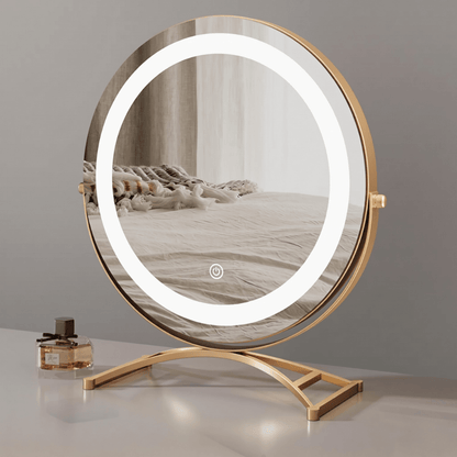 Makeup mirror with adjustable lights and 360° rotation featuring smart touch controls and tri-tone light settings for perfect makeup application. 0