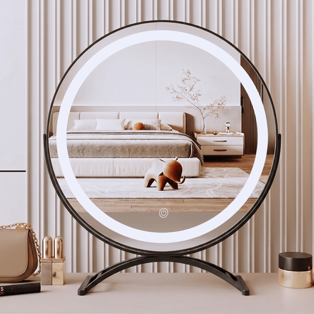 Makeup mirror with adjustable lights and 360° rotation featuring smart touch controls and tri-tone light settings for perfect makeup application. 5