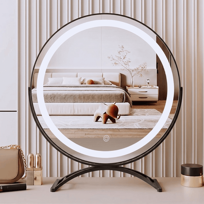 Makeup mirror with adjustable lights and 360° rotation featuring smart touch controls and tri-tone light settings for perfect makeup application. 5