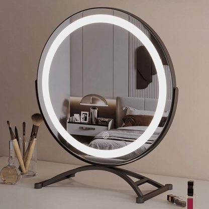 Makeup mirror with adjustable lights and 360° rotation featuring smart touch controls and tri-tone light settings for perfect makeup application. 4