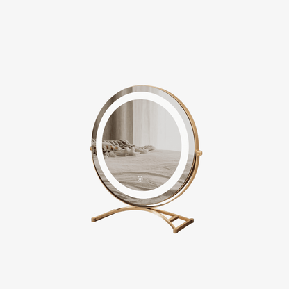 Makeup mirror with adjustable lights and 360° rotation featuring smart touch controls and tri-tone light settings for perfect makeup application. 1